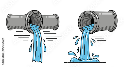 Two cartoon illustrations of pipes discharging water, one with a steady stream and the other with a more turbulent flow and splashes, symbolizing leaks and water flow, isolated on a white background