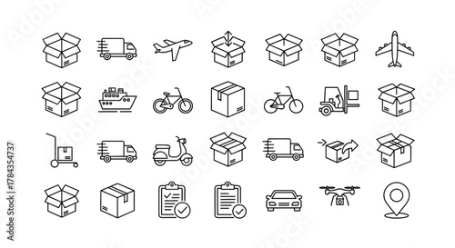 A comprehensive bundle of minimalistic line icons representing various aspects of box, transportation, and delivery services, perfect for web, graphic design, apps, banners, social networks, and