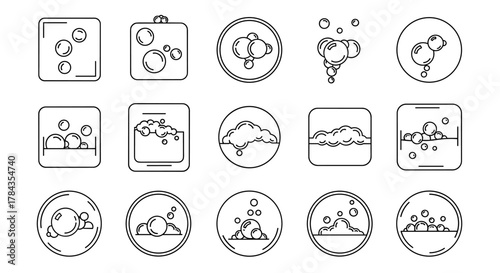Collection of clean line art icons representing bubbles and foam, perfect for graphic design, books, advertisements, and app interfaces. This vector cartoon illustration set features various stylized