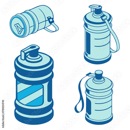 Four blue and light blue water cooler bottle icons
