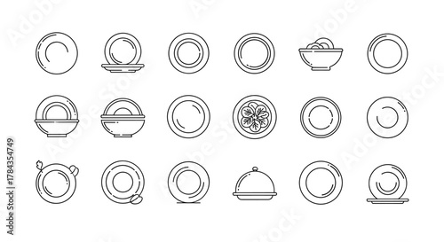 Bundle of minimalistic linear pictograms representing various plates and bowls, perfect for web and graphic design, apps, banners, social networks, and cards. This collection offers a clean, modern