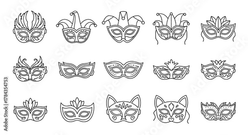 Collection of 15 Thin Line Art Carnival Masks, Including Jester, Feathered, and Cat Designs, Perfect for Web, Books, Cards, and Apps. Editable Stroke Vector Cartoon Illustration on White Background