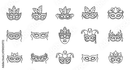 A diverse collection of thin line art carnival masks, suitable for web, books, cards, and apps, featuring editable strokes and a clean white background, perfect for festive and masquerade themes.