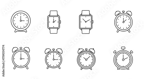 Collection of eight minimalist line art icons representing various timekeeping devices, including classic alarm clocks, modern wristwatches, and a stopwatch, all rendered in a clean, scalable vector