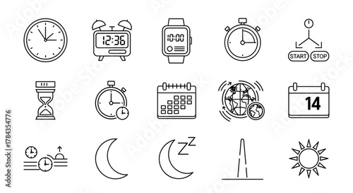 Collection of outline icons representing time and scheduling, including a classic analog clock, a digital alarm clock, a modern smartwatch, a stopwatch, an hourglass, a calendar, and symbols for day