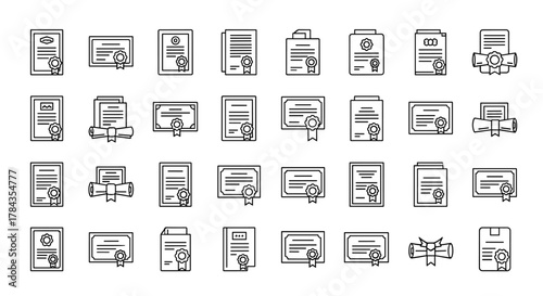 Collection of outline signs of diploma and certificate, drawn with thin line, perfect for apps, websites, banners, infographics, and various other design projects, representing achievement and