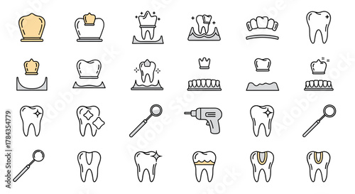 Collection of Dental Crown Related Line Icons: Outline Signs for Graphic and Web Design, Apps, Advertisements, Various Cards, Vector Cartoon Illustration with Clean and Healthy Teeth, Dental Tools