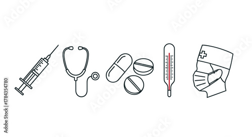 A clean, minimalist line art collection of essential medical icons, including a syringe, stethoscope, pills, thermometer, and a doctor wearing a mask and cap, perfect for healthcare apps, websites