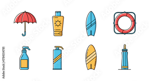 Collection of vivid, flat design icons representing summer and beach essentials: a red umbrella, sunscreen bottle, blue and yellow surfboards, a red lifeline, and spray bottles, all drawn with thin