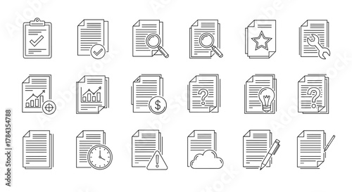 Collection of Document Icons and Symbols: Clipboard with Checkmark, Verified Document, Magnifying Glass Search, Star Rating, Wrench Tool, Financial Chart, Target, Dollar Sign, Question Mark