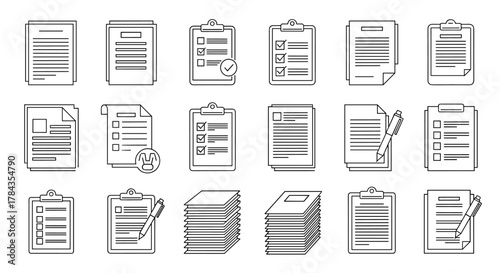 Collection of thin line icons representing documents, clipboards, and office supplies, perfect for apps, websites, banners, and infographics, offering a clean and modern aesthetic for diverse design