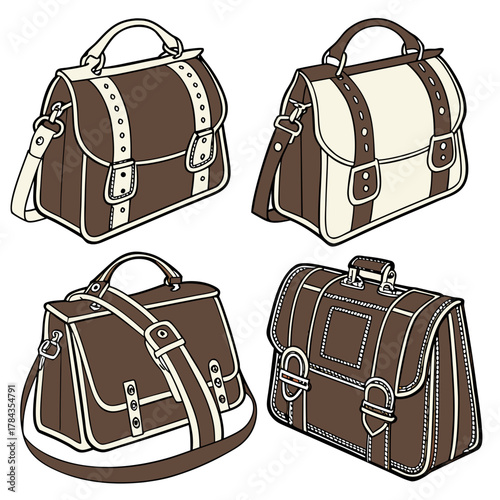 Four brown and cream leather satchel style bags vector