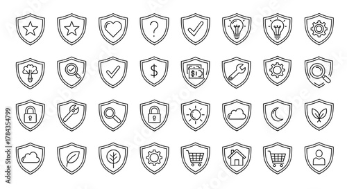 Collection of shield icons with various items drawn in thin line style, perfect for graphic design, cards, websites, and apps. This vector cartoon illustration features symbols like stars, hearts