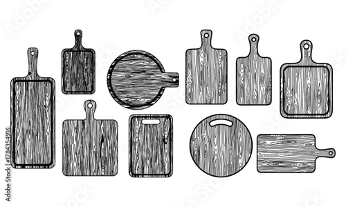 Variety of rustic wooden cutting boards, chopping blocks for kitchen prep