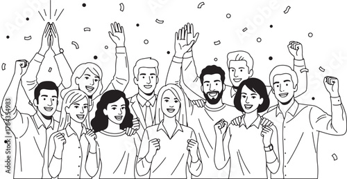 Diverse group of people raising their hands in celebration or agreement