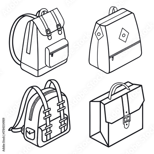 Four isometric line art school bags and briefcase backpack