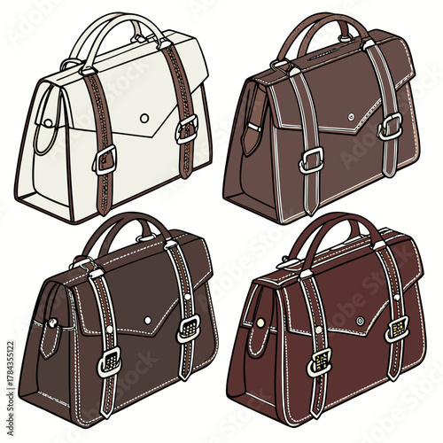 Four leather satchel bags in brown and cream briefcase