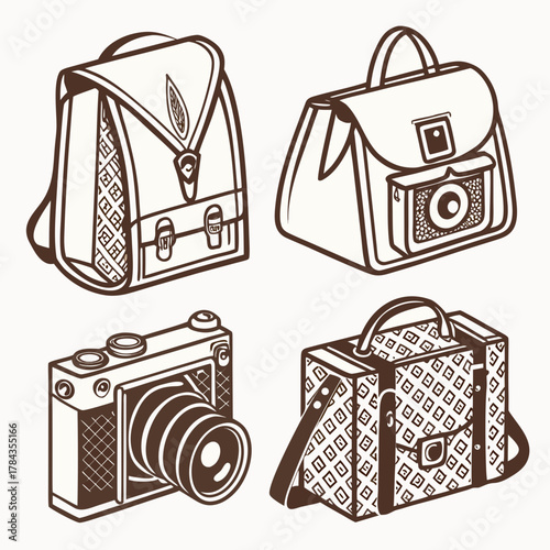 Four vintage style bags and camera icons backpack satchel