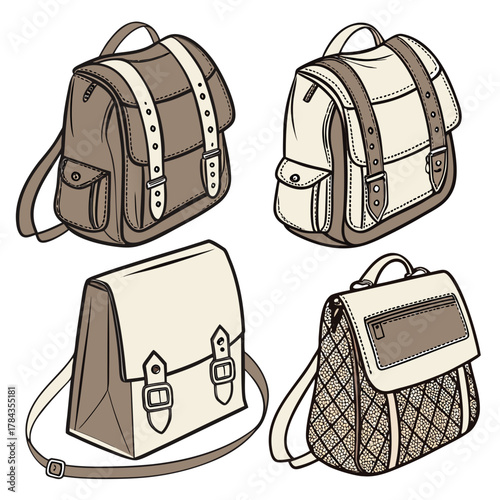 Four vintage style leather school bags backpack satchel