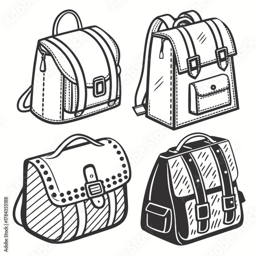 Four vintage style school bags in black and white backpack