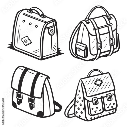 Four vintage style school bags in black and white line art