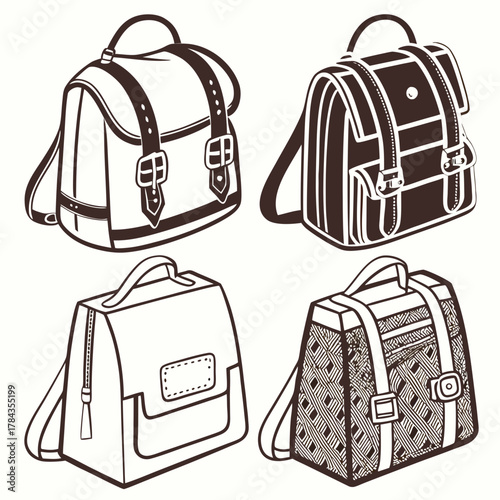 Four vintage style school bags with brown outlines