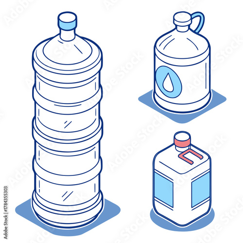 Three isometric water bottles blue and white outline