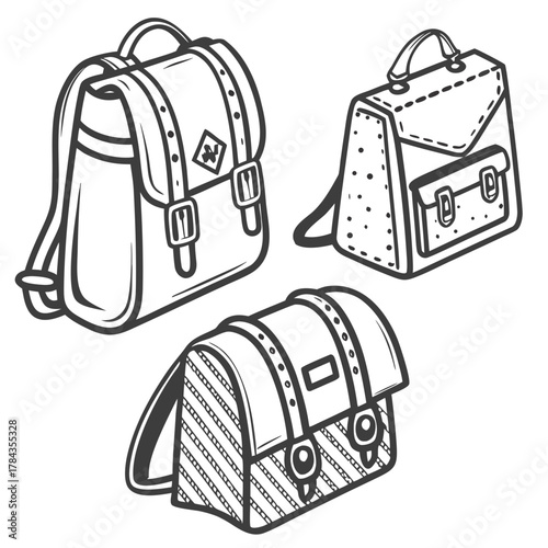 Three vintage style school bags in black and white