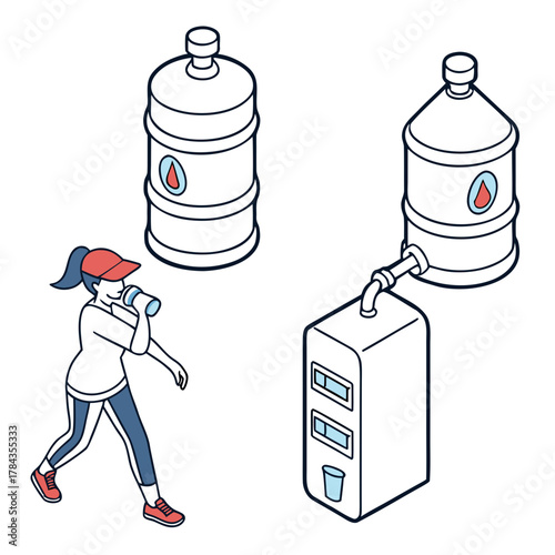 Woman drinking from bottle near water cooler and large water jug