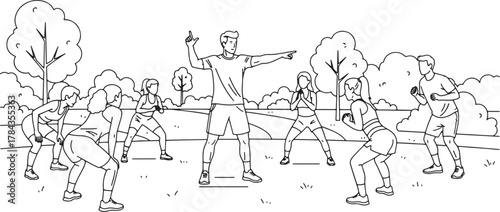 Sketch of a group of people playing a game outdoors with trees in the background