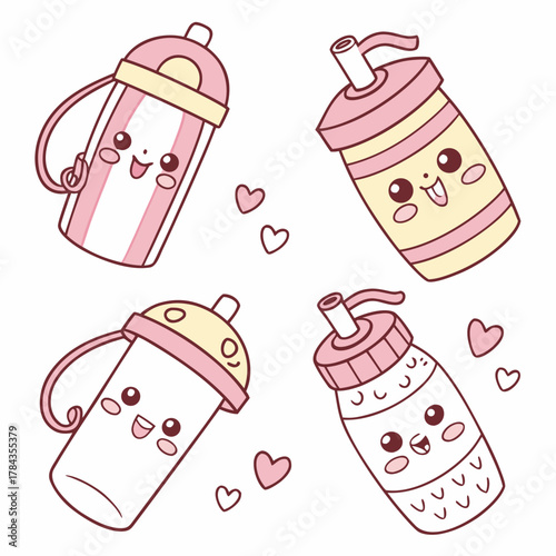 Cute cartoon water bottles with happy faces and hearts