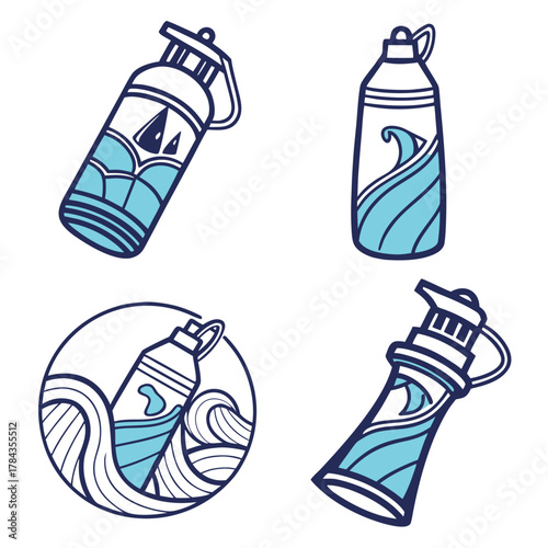 Four blue and white water bottle vector graphics reusable bottle