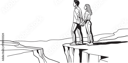 Couple standing on edge of a vast chasm looking outward