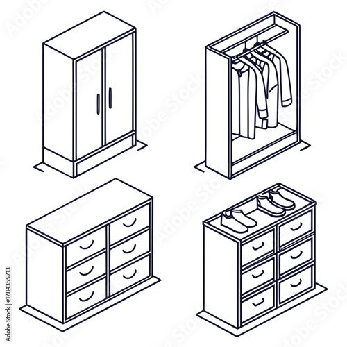Four isometric line art wardrobe and dresser icons