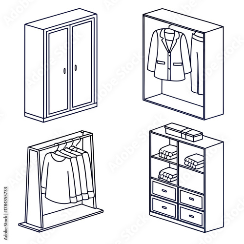 Four isometric wardrobe and clothing storage icons