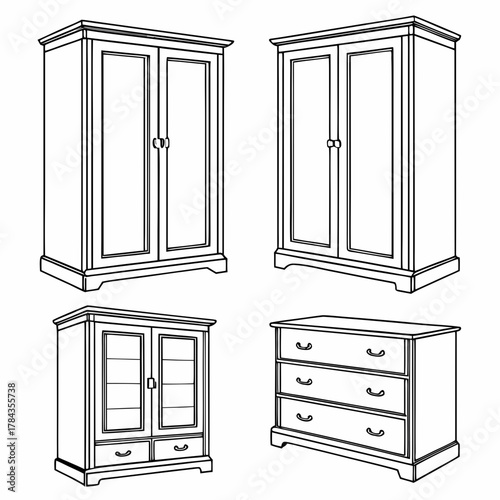 Four line art furniture icons wardrobe and dresser