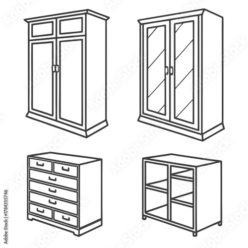 Four line art wardrobe and dresser icons cabinet closet