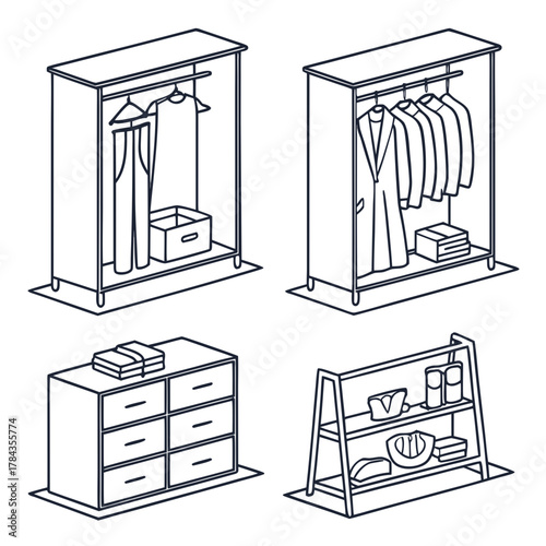 Four outline icons of wardrobes and storage furniture