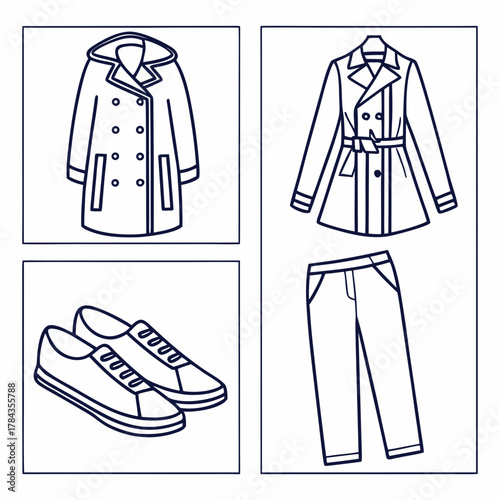 Four outlined clothing items on white background coat