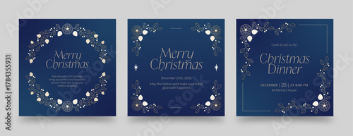 Elegant Christmas Poster Flyer Template in Blue & Gold for Luxury Holiday Season Invitation, Flyer & Postcard Layouts, feat. Festive Christmas Border & Frame