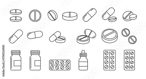 Collection of simple outline icons representing various pills, capsules, blister packs, and medication bottles, perfect for web, apps, and infographics. This clean, vector cartoon illustration on a