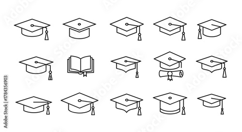 Collection of graduation caps and academic symbols, including an open book and diploma scroll, presented as a clean, modern line art vector illustration set on a white background, perfect for