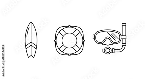 Simple linear icons representing essential water sports and safety equipment: a surfboard for riding waves, a lifeline for water rescue, and a diving mask with a snorkel for underwater exploration