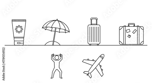 Collection of travel-related outline icons, featuring sunscreen, beach umbrella, luggage, fitness figure, and airplane, perfect for banners, infographics, books, articles, and other design projects.