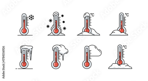 Set of thin line thermometer icons with snow and ice elements, representing cold weather conditions and temperature measurement. Outline signs suitable for graphic design, web, apps, and