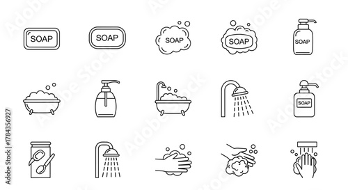 A collection of minimalistic linear outline icons representing soap, bathtubs, showers, and handwashing, perfect for web and graphic design, apps, banners, social networks, and cards, conveying