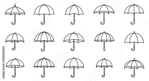 Seamless pattern of simple line art umbrellas and parasols, perfect for graphic design, web sites, cards, books, and articles, presented as a vector cartoon illustration on a clean white background