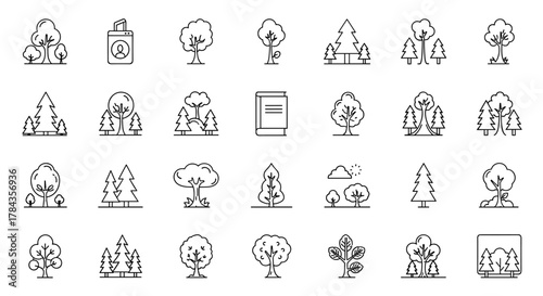 Collection of thin line icons representing various trees and forest scenes, editable stroke, suitable for web, books, cards, and apps, presented as a vector cartoon illustration with a white