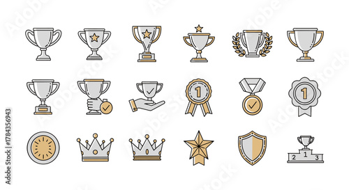 Collection of winning cup related line icons, perfect for infographics, articles, books, flyers, and banners. This editable stroke vector cartoon illustration features trophies, medals, crowns, and a