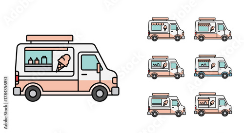 Modern outline style icon set of ice cream vans, perfect for design projects, cards, apps, and social networks. This vector cartoon illustration features a clean white background and a collection of